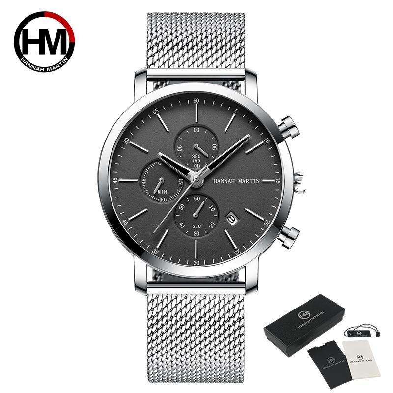 Hannah Martin Men Quartz Watches Top Brand Fashion Multifunction Small Dial Mesh Business Waterproof Wrist Watches