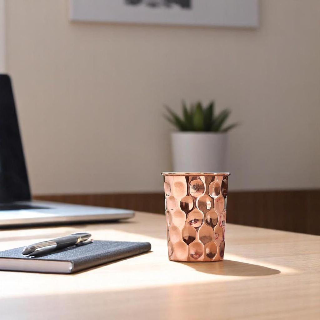 Pure Copper Plain Glass with Diamond Hammered Design, Drinking Serving Water, Yoga Ayurveda, Volume-300 ml, Pack of 2