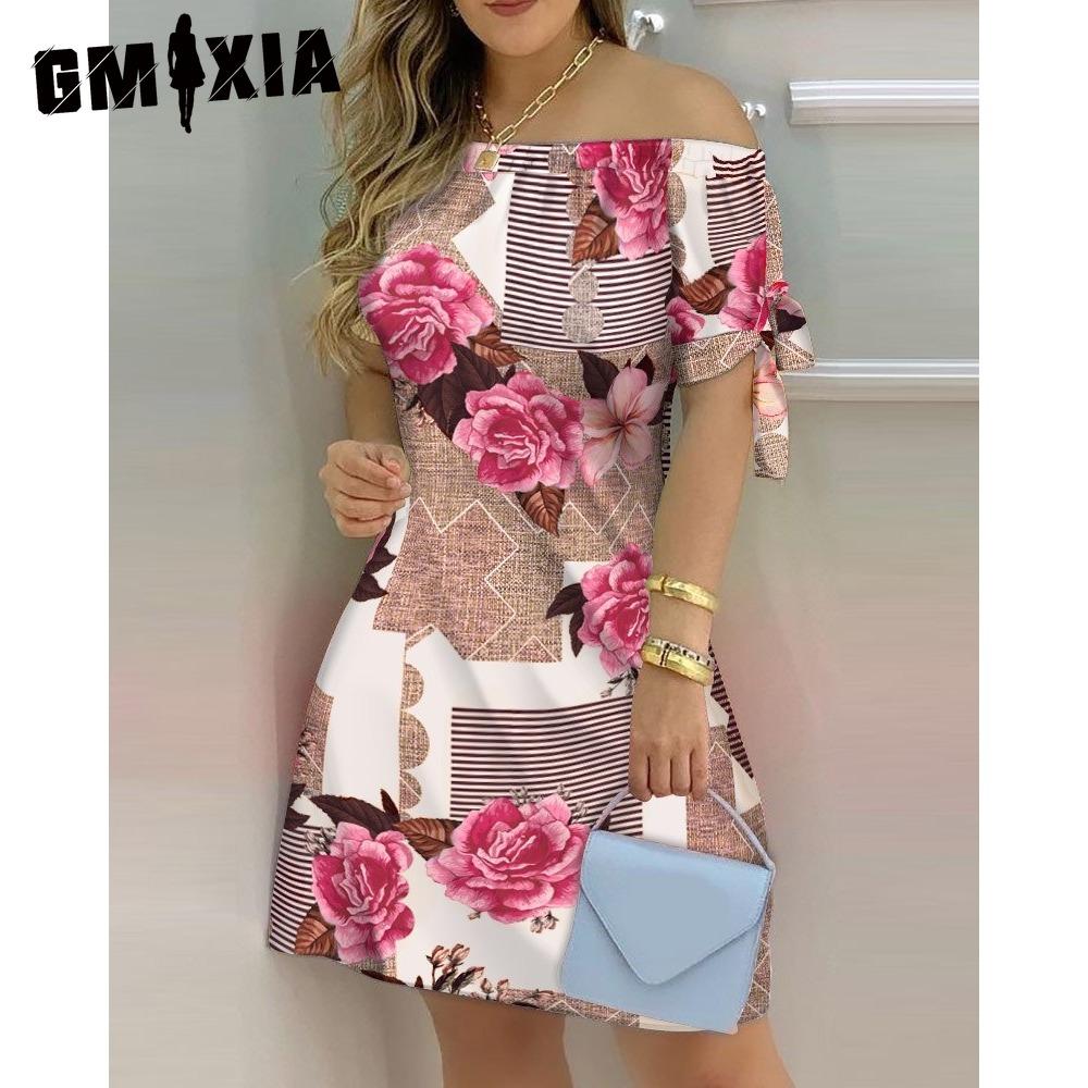 GMXIA Женское модное платье с открытыми плечами, короткие рукава, принт с бантом, летние пляжные платья больших размеров