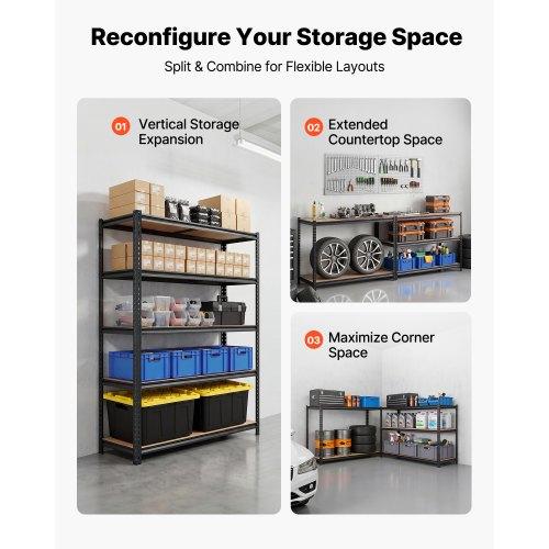 VEVOR Storage Shelves, 5-Tier Adjustable, 1360.8kg Capacity, Heavy Duty Garage Storage Shelving Unit, Metal Utility Rack Shelf