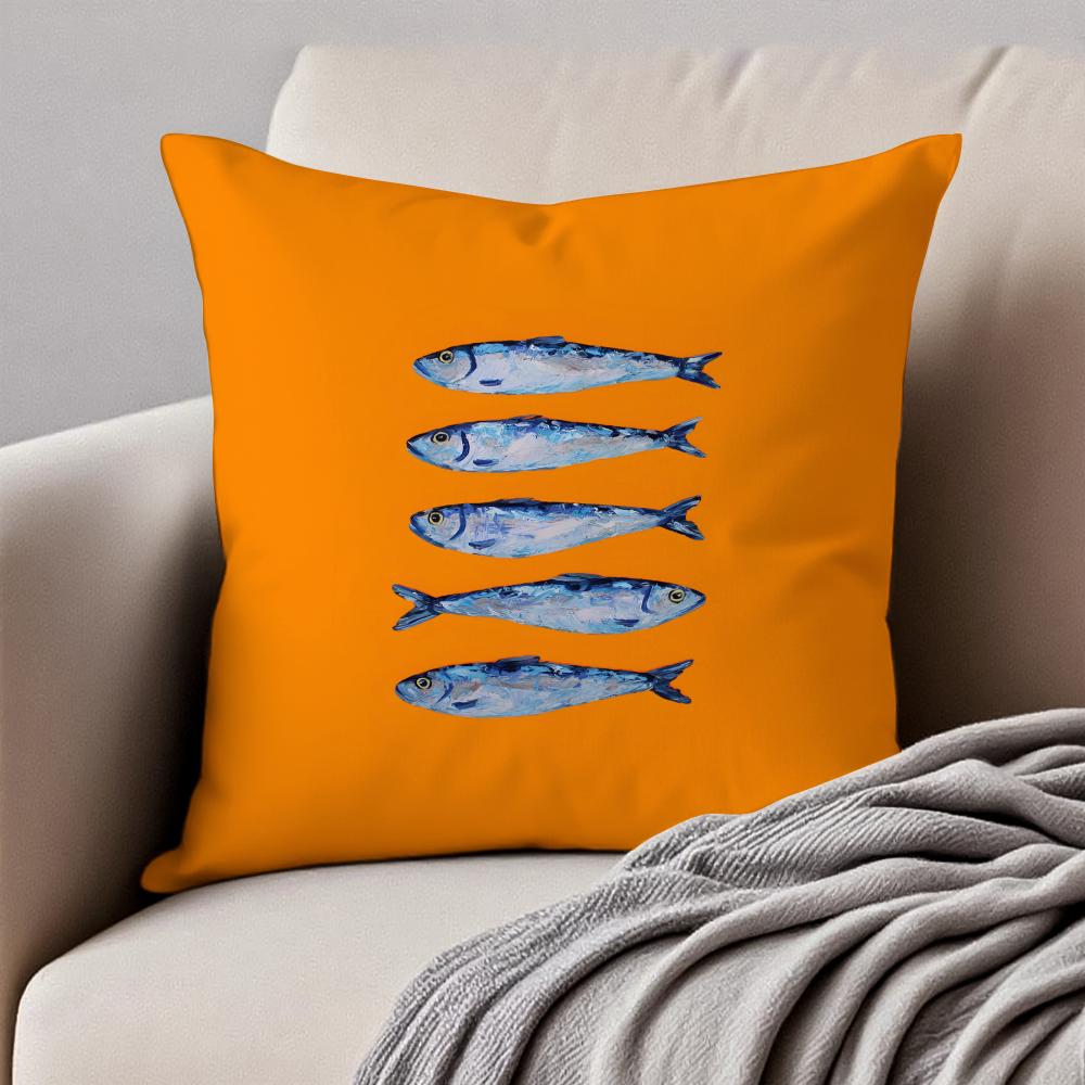 Cute Coastal Charm Sardines Art Design Cushion Cover Pillowcase Antidustmite Invisible Zipper Short Plush Sofa Cushion
