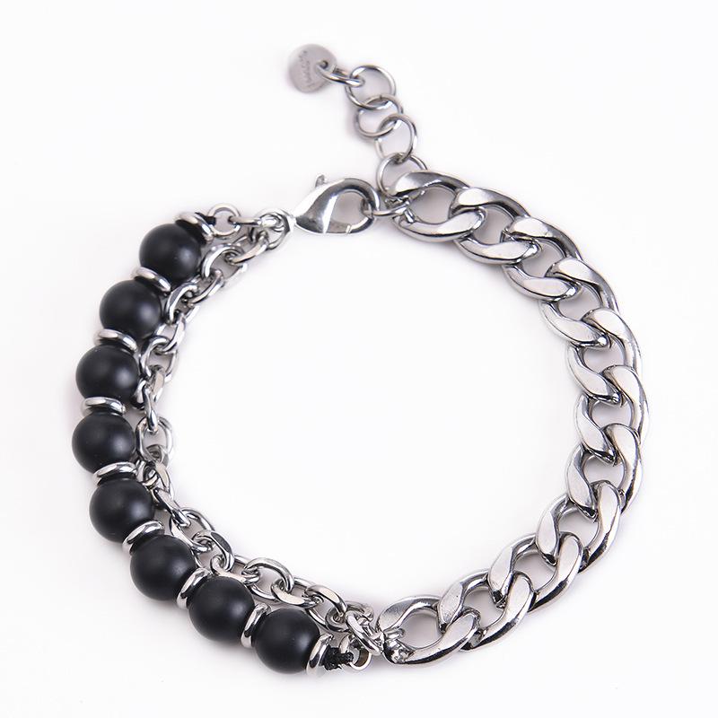 Men’s Stainless Steel Tiger Eye Double-Sided Polished Chain Bracelet with Natural Stone Beads.