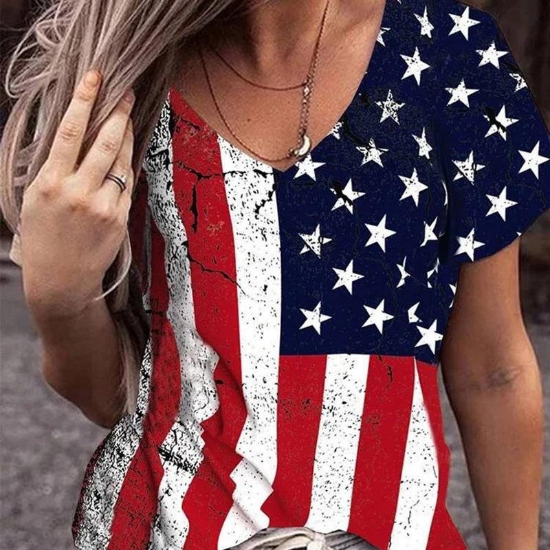 Summer V-neck 3D American Flag Printed Top Fashionable Casual Short Sleeved Women's T-shirts