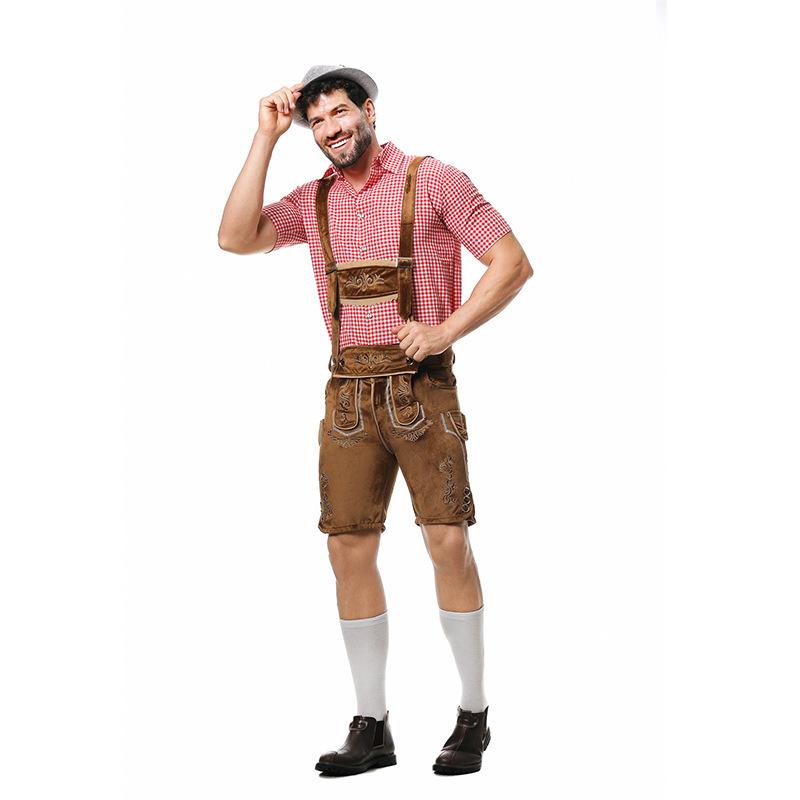 L Oktoberfest Costume Classic Men's Plaid Shirt and Overalls Cowboy Hat Set Halloween Carnival Party Costume Waiter Maid Uniform