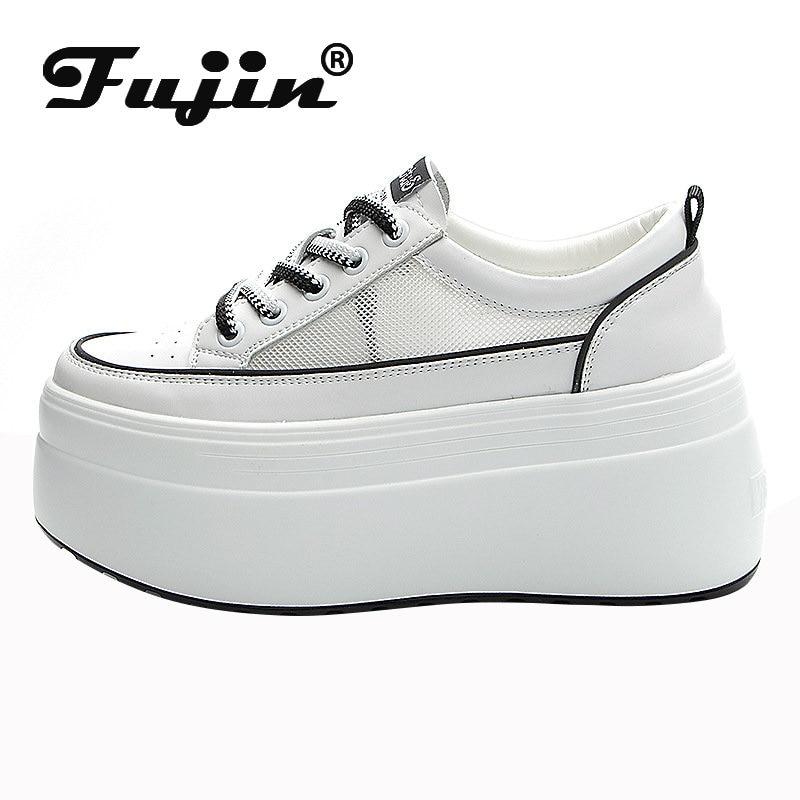 Fujin 8 см из полой воздушной сетки из коровьей кожи на танкетке, дышащие римские лаконичные вулканизированные летние женские массивные кроссовки