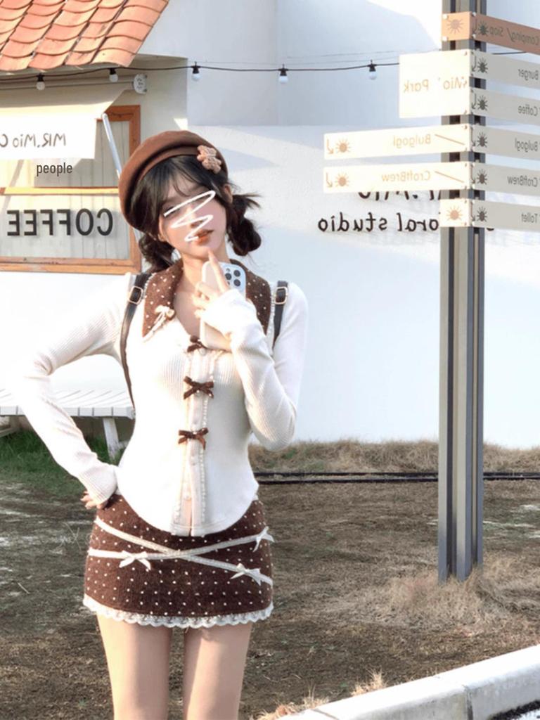 Женский очаровательный кружевной костюм с юбкой - весна и осень в корейском стиле