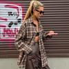 Jigarrang Kletkali Bluzkalar Ayollar Streetwear Uzun Qisma Keng Ko'ylaklar Kundalik Qaytma Yoqa Ofis Xonimi Kletkali Toplar