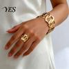 Daily Wear Jewelry Set 2Pcs Hollow Twisted Statement Set, Open Adjustable Cuff Bangle Women Bracelet Ring Sets & Wide Ring, Golden Plated Metal
