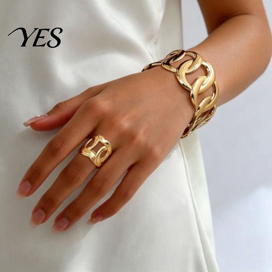 Daily Wear Jewelry Set 2Pcs Hollow Twisted Statement Set, Open Adjustable Cuff Bangle Women Bracelet Ring Sets & Wide Ring, Golden Plated Metal