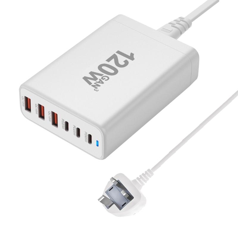 Портативная зарядная станция USB мощностью 120 Вт с 6 портами, 3 Type C PD и 3 USB A для одновременной зарядки телефонов, планшетов и других устройств