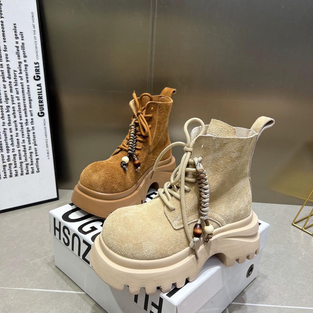 2025 осень новые матовые кожаные ботинки Мартин женская обувь платформа маффин круглый носок шнуровка повседневные ботинки-локомотивы короткие ботинки женские