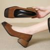 Autumn High Heels Women's Luxury Faux Suede Nubuck Leather Heels Square Toe Block Heel Pumps Retro Brown Black Women Thin Shoes