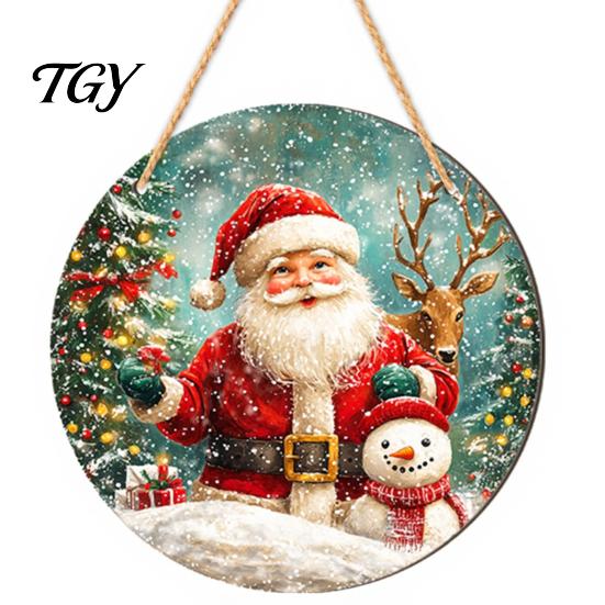 Cute Elk Holiday Ornaments 2D Christmas Wooden Door Hanger Ornaments, Santa Snowman Reindeer Welcome Wall Home Entrance Accents Sign, Rustic Farmhouse