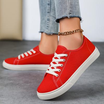 Женские яркие красные кроссовки с искусственной обложкой - Нескользящая поддержка свода стопы Мягкий низкий верх с белыми шнурками - Повседневные кроссовки на все сезоны для спорта