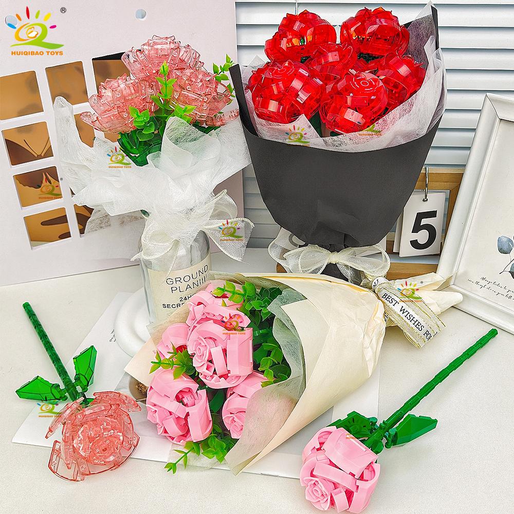 HUIQIBAO MOC Модель Цветка Розы Строительные Блоки DIY Вечный Букет Наборы Кирпичей Игрушка Для Детей Девочки Украшение Дома Новогодний Подарок
