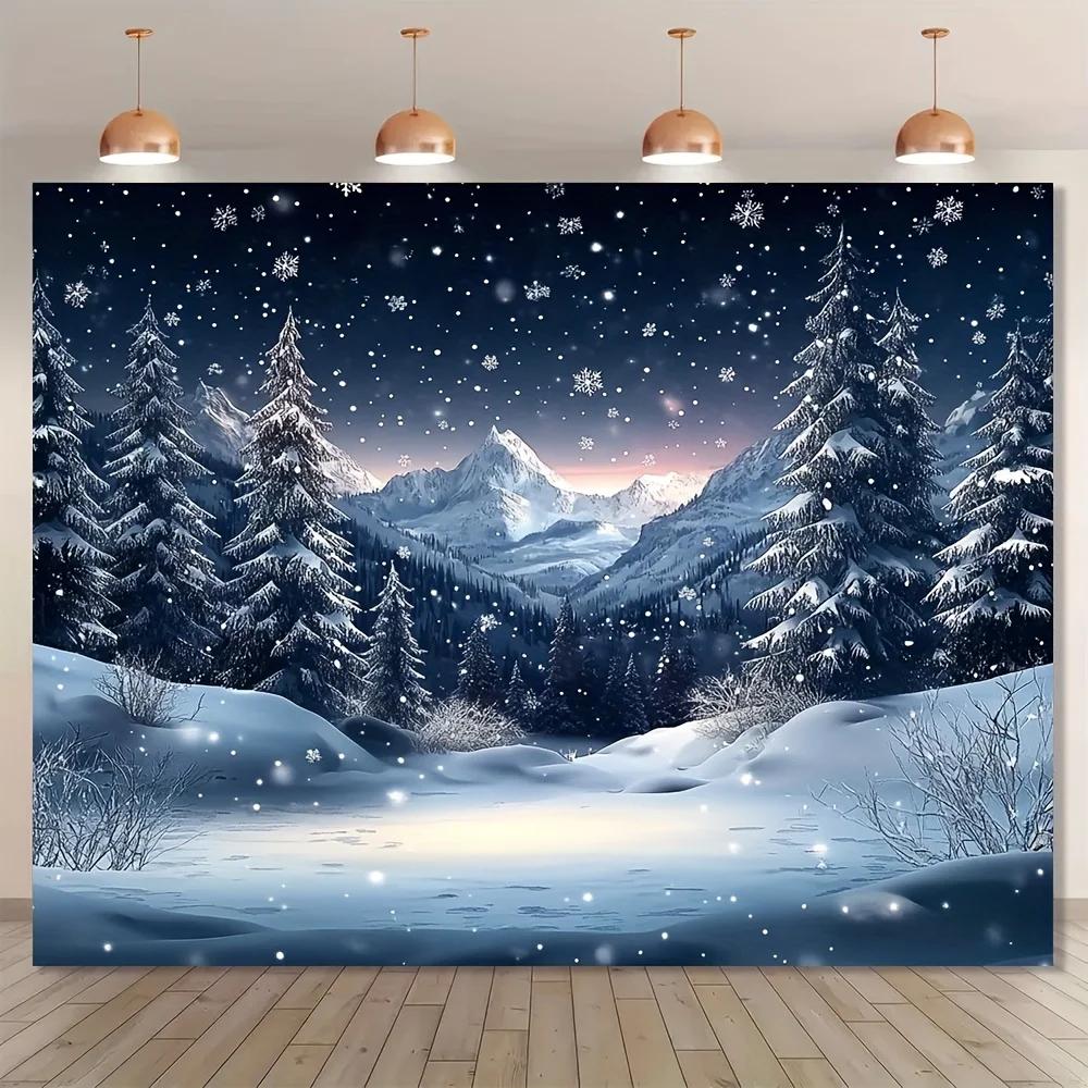 One item: Winter landscape backdrop featuring a snowy mountain scene made of polyester material.ZL