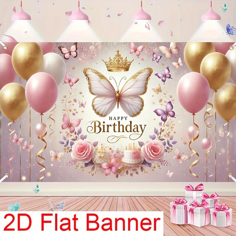 1Pcs Pink Butterfly Floral Birthday Celebration Decoration Background Birthday Backdrop Decorations For Photo Studio Booth Party