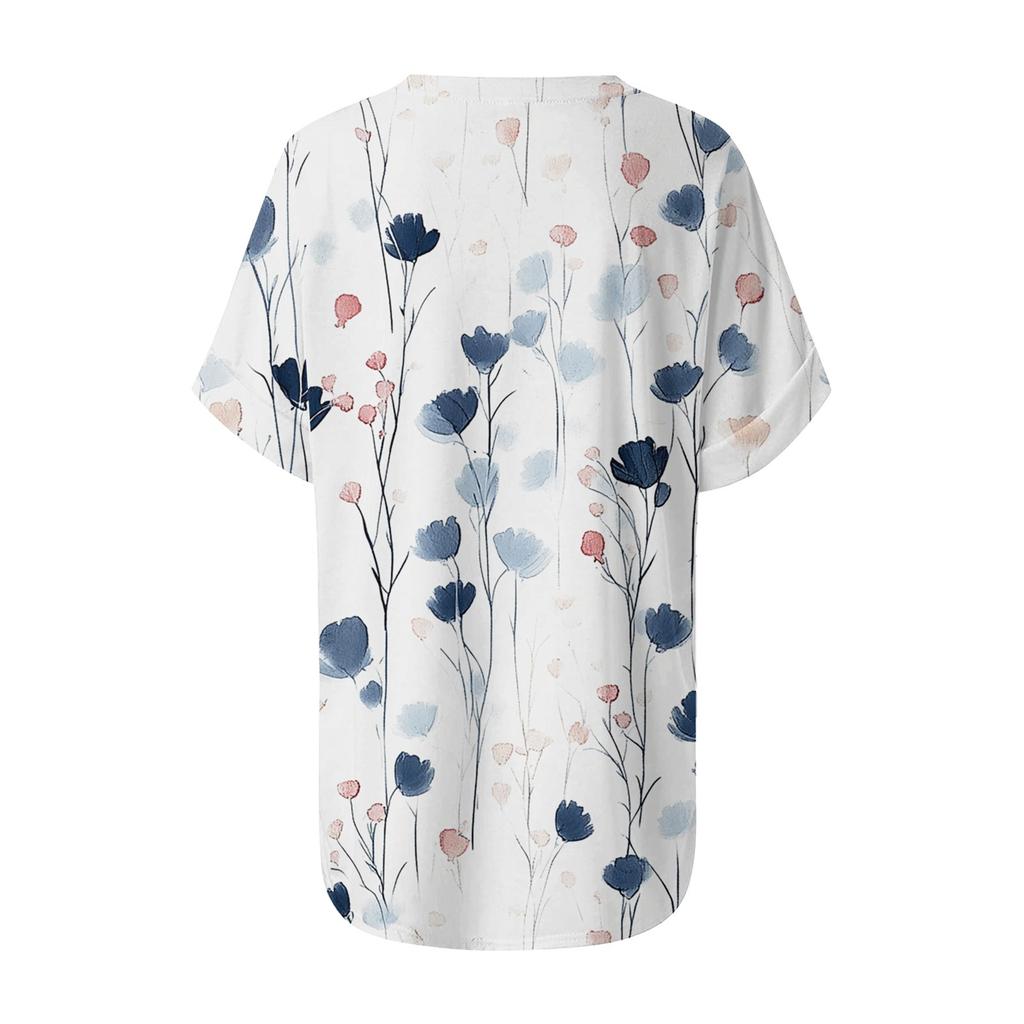 Women's Fashion Pocket V-neck Short Sleeve Plant Floral Print T-shirt Top