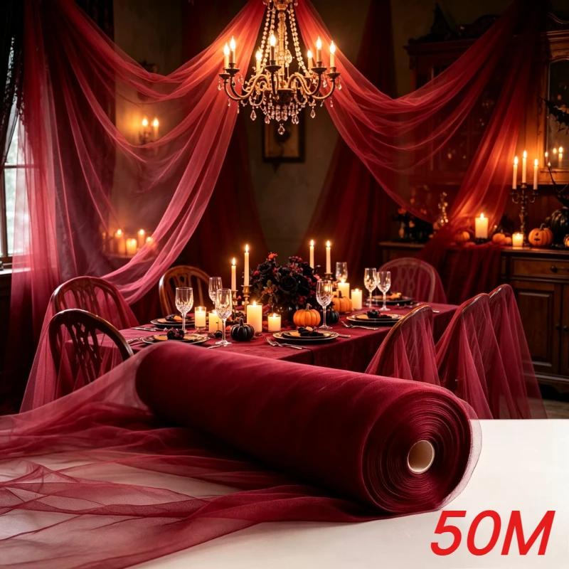 2pcs Burgundy Overlength Tulle Fabric for Halloween Wedding DIY Deco Black Polyester Tulle Table Skirt Ceiling Halloween