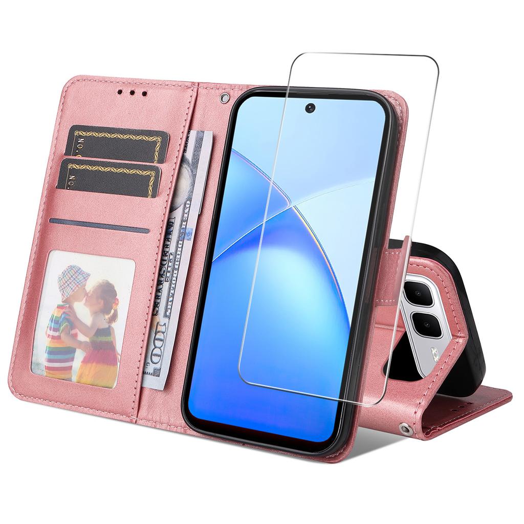 For Infinix Smart 10 Plus PU Leather Wallet Case Phone Stand Cover with Tempered Glass
