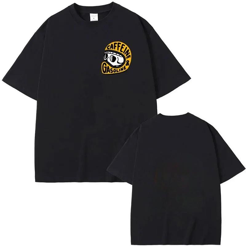 Punk Skulls Retro T-Shirt Caffeine& Gas Two Side Print Short Sleeve Cotton Tops Big Size Men Wo
