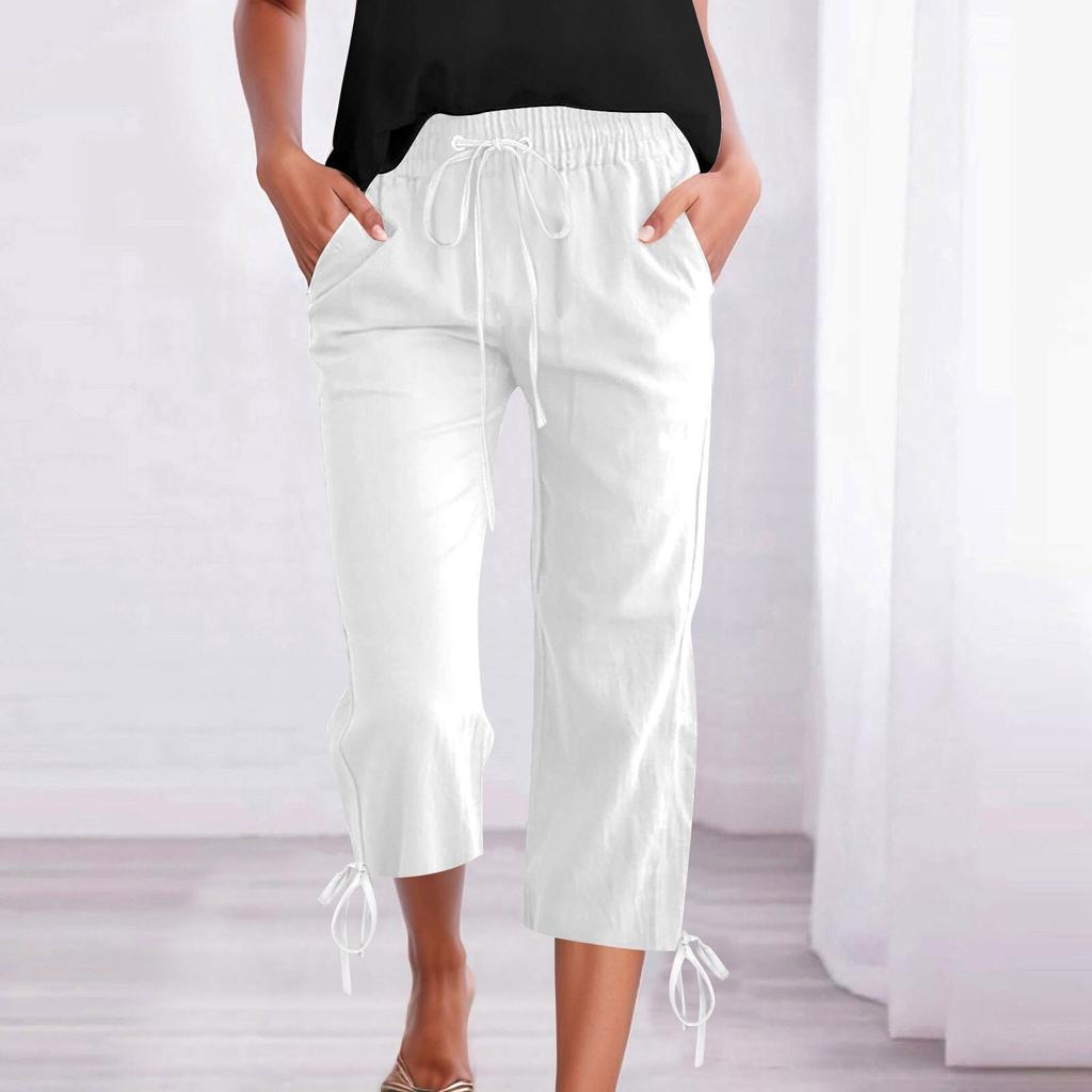 Женские повседневные однотонные свободные прямые укороченные брюки из хлопка и льна с завязками на шнурке и карманами