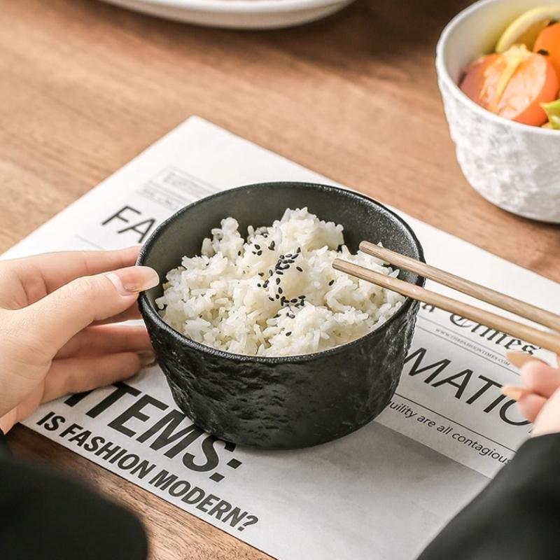 Бытовая керамическая пиала для риса с красивым узором водяной ряби, личная посуда, черно-белая большая пиала