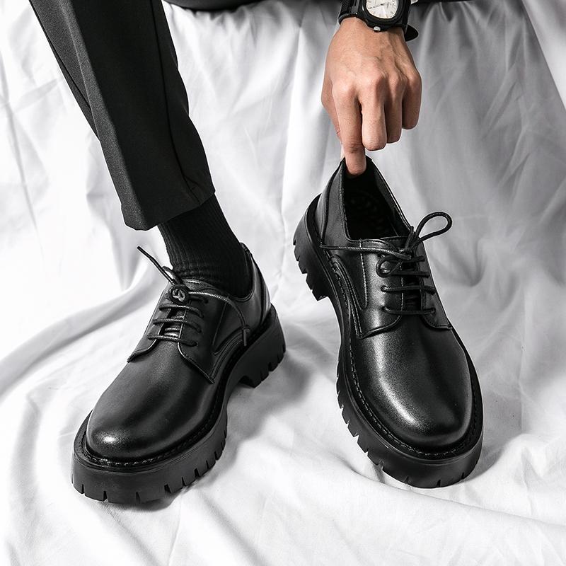 Весенние черные туфли-оксфорды на толстой подошве, мужские деловые туфли на шнуровке, кожаные туфли высокого качества с круглым носком, дизайнерская повседневная обувь