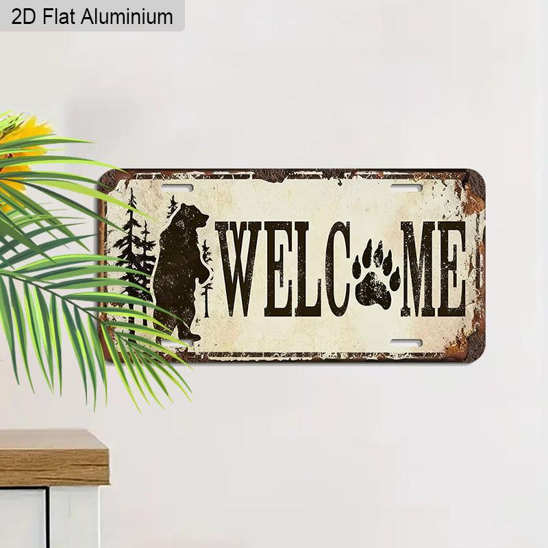 Плоский 2D, 1 шт. Алюминиевая табличка "WELCOME" с изображением медведя и отпечатком лапы, 12''x6'', в стиле деревенской хижины и лесного домика, для декора стен и автомобиля, для прихожей, крыльца, домика у озера