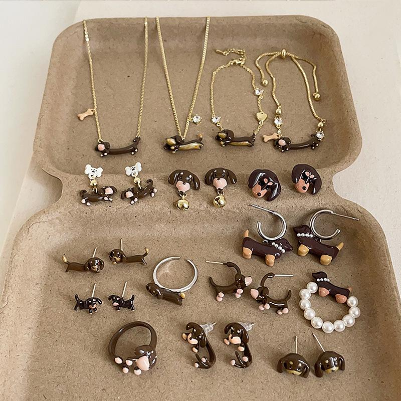 Ожерелье с изображением мультяшной таксы, серьги-гвоздики, коллекция, женская, милая, изысканная, модная, универсальная, цепочка на шею, цепочка на свитер
