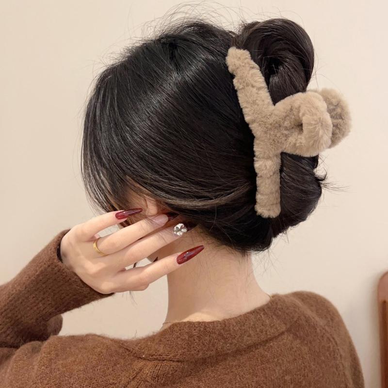 Мягкая молочно-кофейная серия пушистых плюшевых заколок для волос на затылке, теплые большие плюшевые заколки-акула, заколки-когти для волос