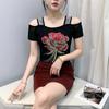 Streetwear Girl Summer Chic Clothes Mesh T-Shirts Shiny Flower Hot Diamonds Women's Tops New Sexy Off Shoulder Short Sleeve Tees
