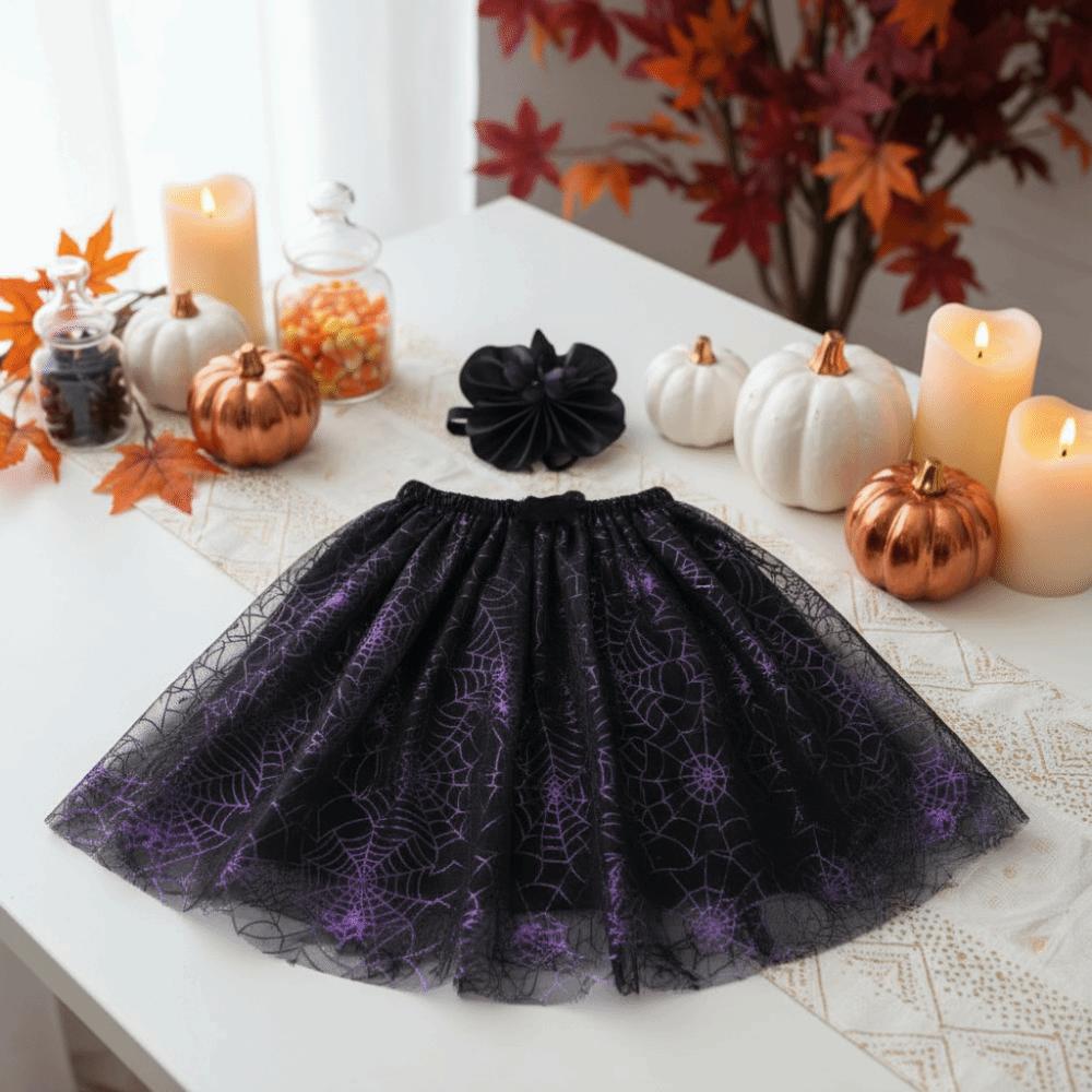 Spider Web Pattern Lawn Goose Costume Purple Black Mesh Goose Witch Skirt October Party