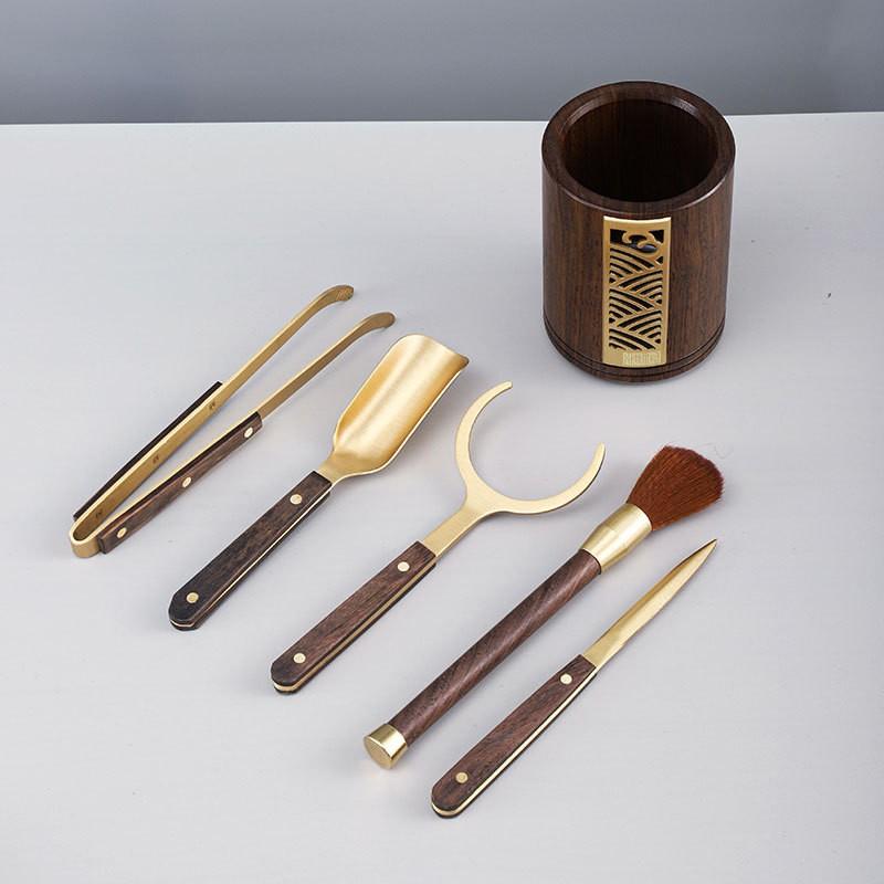 Wooden Tea Ceremony Tools Set With Brass Accessories - Black Ebony Rosewood 5-Piece Gongfu