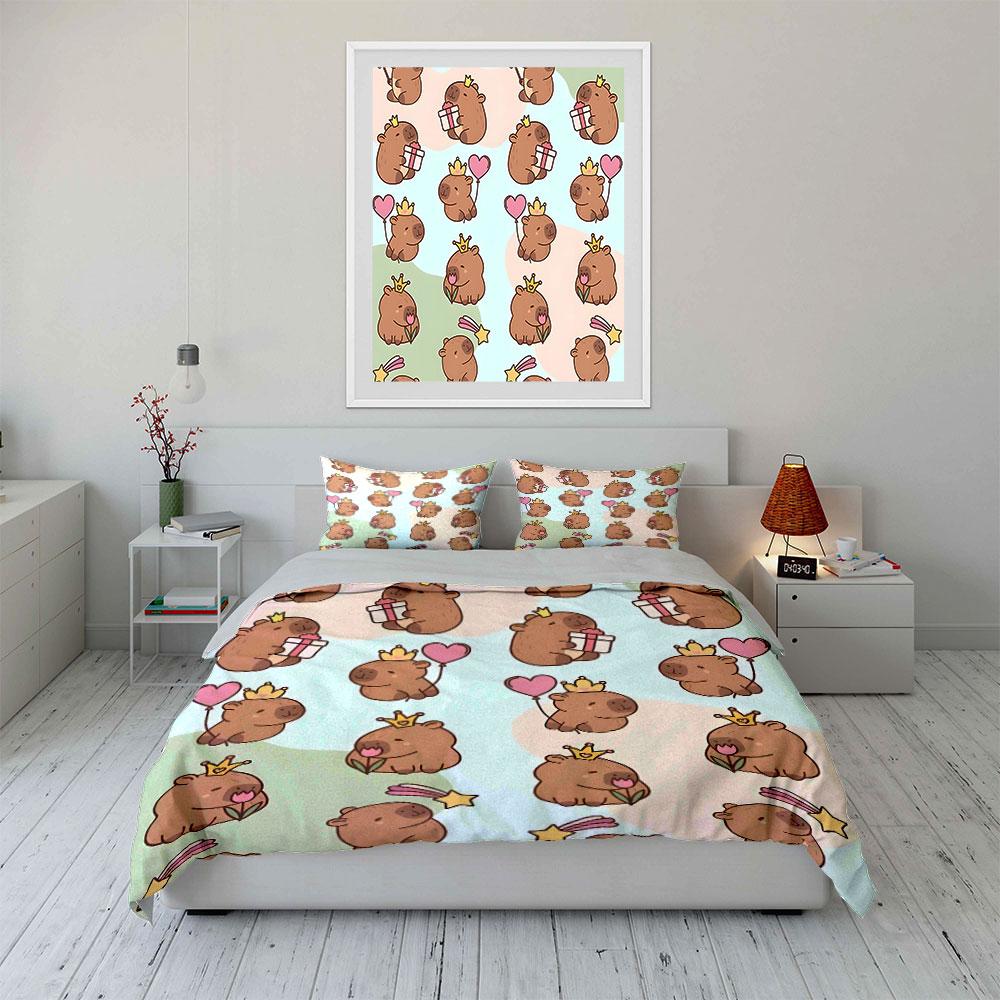 Cute Capybara Crown Pattern Bedding Duvet Cover Set (1*Duvet Cover 2*Pillowcases, without duvet insert)