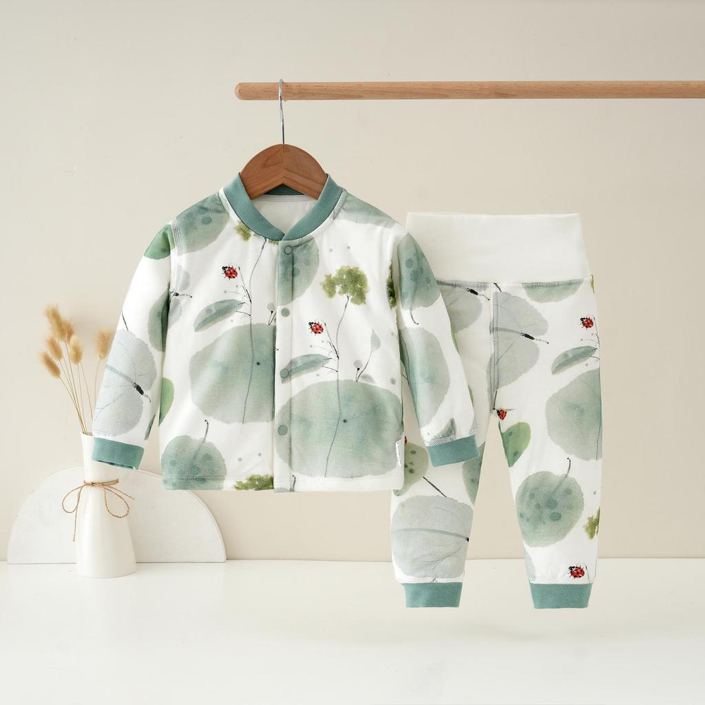 Детский стеганый теплый комплект: Хлопковая пижама с высокой талией и защитой живота для осени/зимы