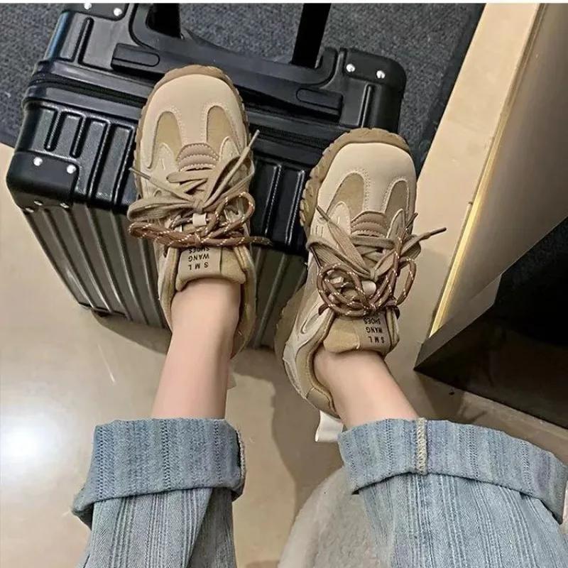 Женская обувь 2024 года, брендовая женская обувь на шнуровке из вулканизированной кожи, модная цветовая гамма, новая круглая головка плюс бархатная повседневная обувь для активного отдыха