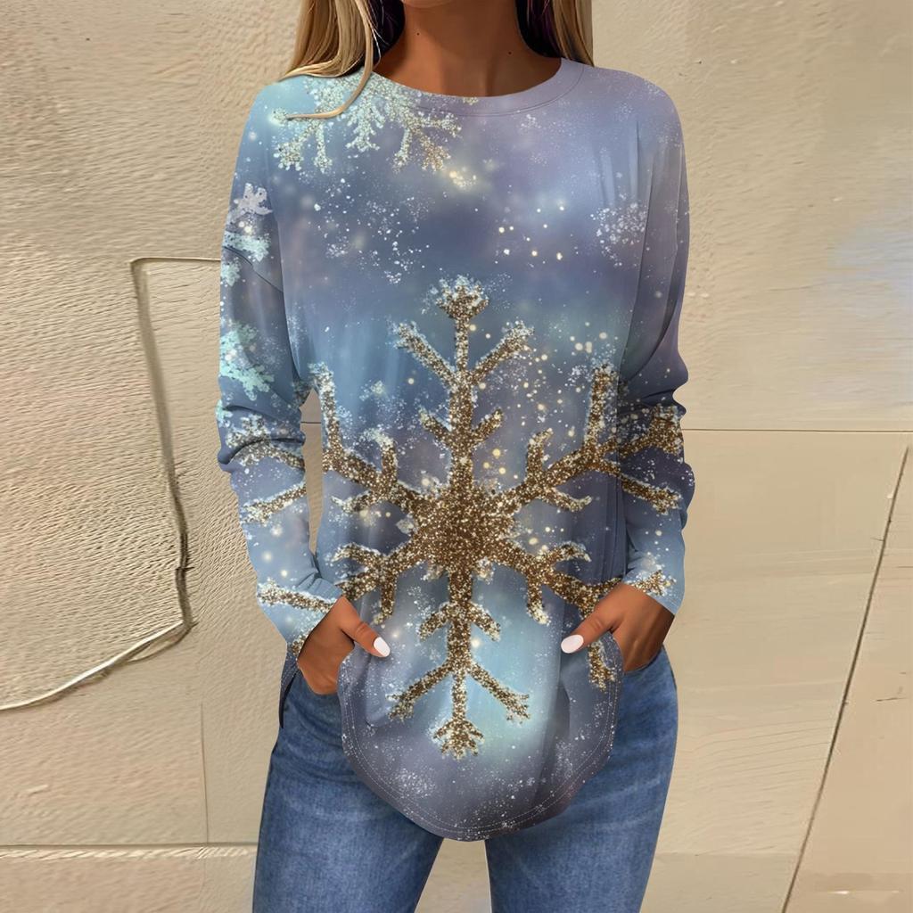 Женская свободная футболка с круглым вырезом и длинными рукавами с принтом в стиле ретро, пуловер на Рождество