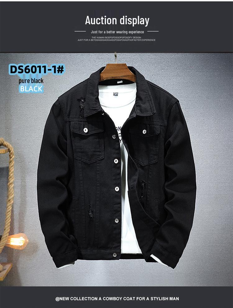 Men's Trendy Black Denim Jacket: Casual, Versatile, Ripped Style for Autumn and Winter