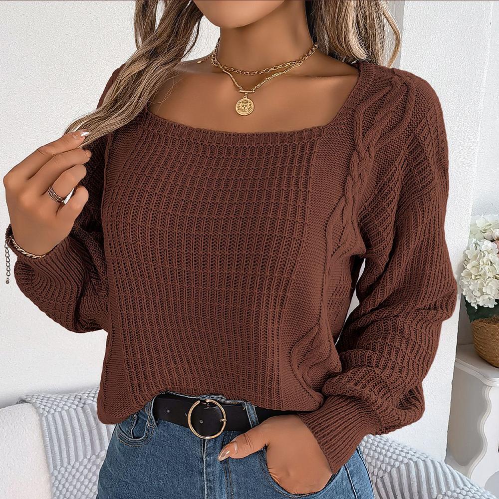 Женский осенне-зимний повседневный однотонный вязаный пуловер с квадратным вырезом и рукавами-фонариками, с квадратным вырезом