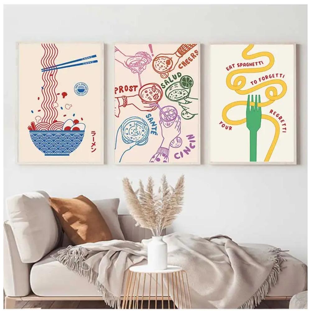 Japanese Ramen Pasta Oranges Lemon Wine Cheers Poster Canvas Painting Print Wall Art Picture for Living Room Kitchen Home Decor
