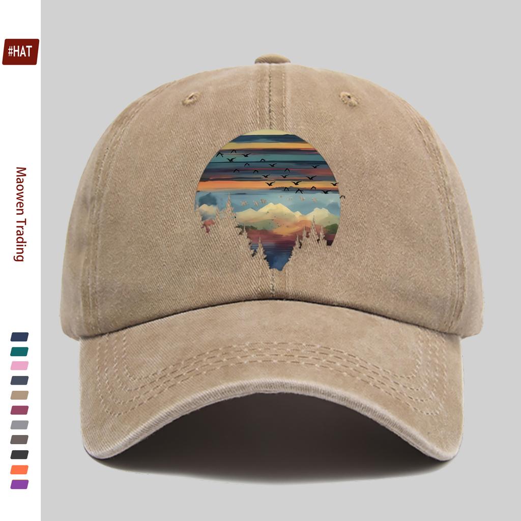 pc New Landscape Illustration Print Baseball Cap with Forest Print Design Sun Hat Hunting Decoration Hat Buckle Adjustable Mult