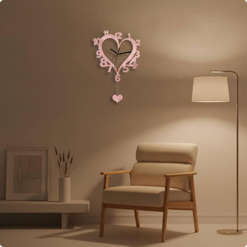 Decorative Heart Shaped Clock Acrylic Wall Clock with Pendulum Non Ticking Silent Movement for Cozy Living Space