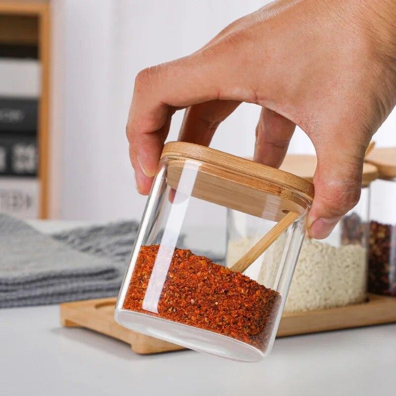 3pcs Set Glass Seasoning Jars with Bamboo Lid Spoon and Storage Tray Salt Sugar Spices Food Storage Container Kitchen Oraganizer