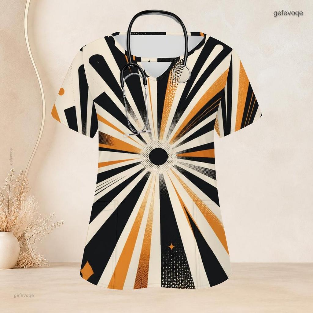 Women Plus Size Geometric Printed Scrub Top Keyhole Neck Short Sleeve With Front Pockets