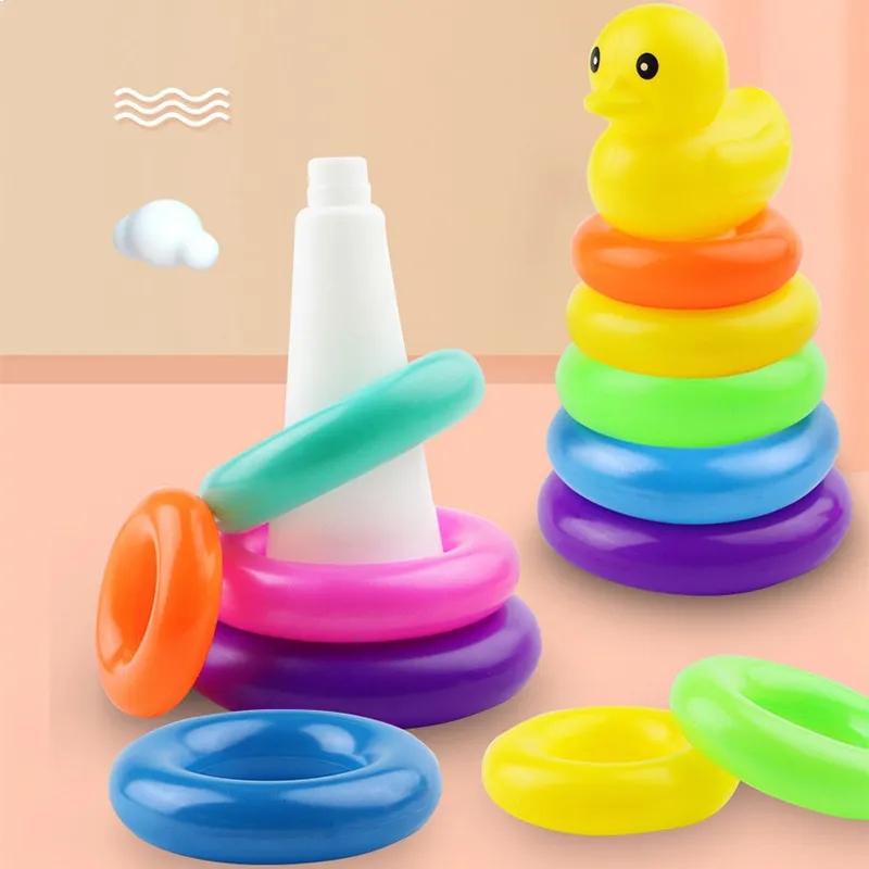 1PC Children's Puzzle Rainbow Tower Collar Little Yellow Duck Stacking Fun Baby Toy