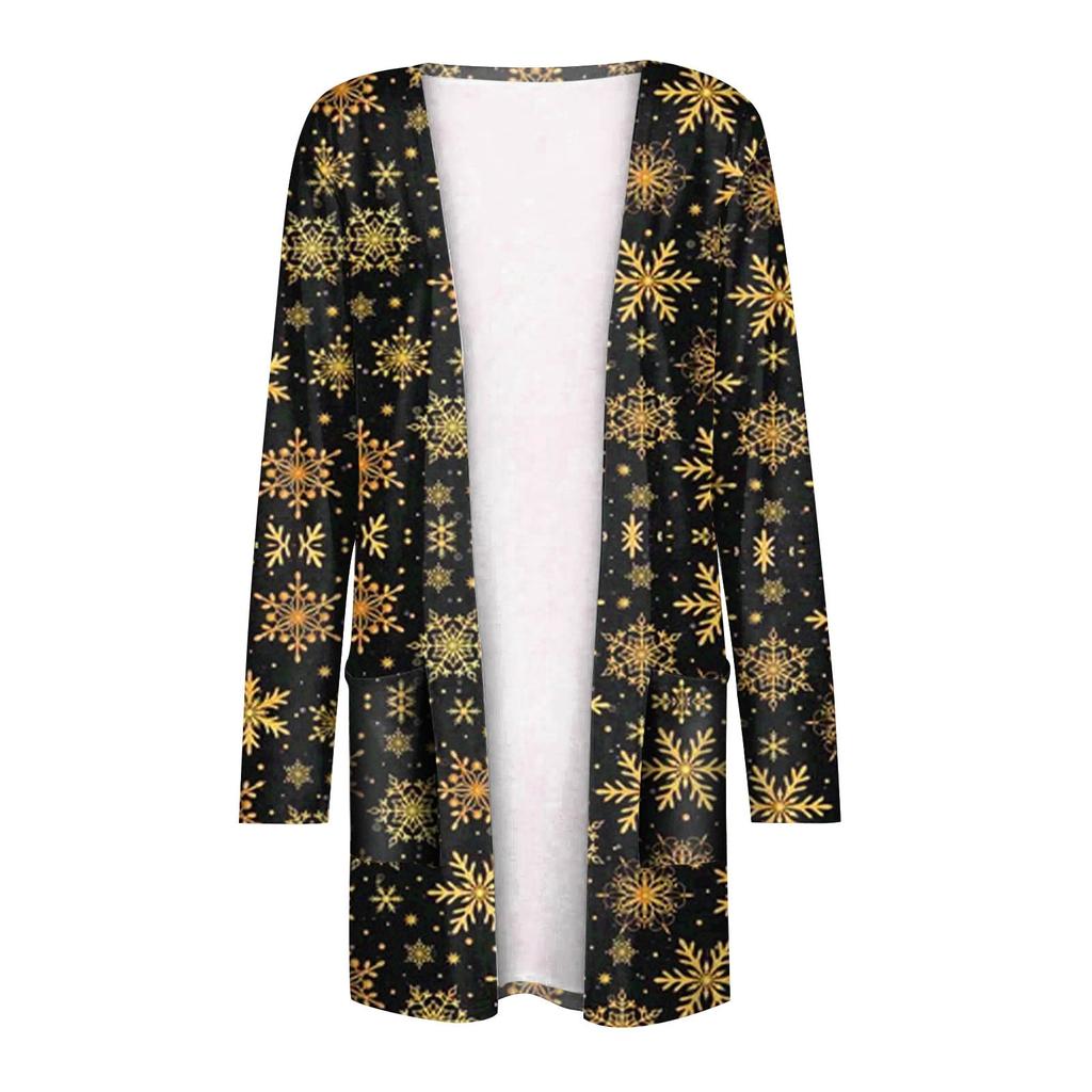 Женская модная повседневная куртка-кардиган с рождественским принтом средней длины, пальто