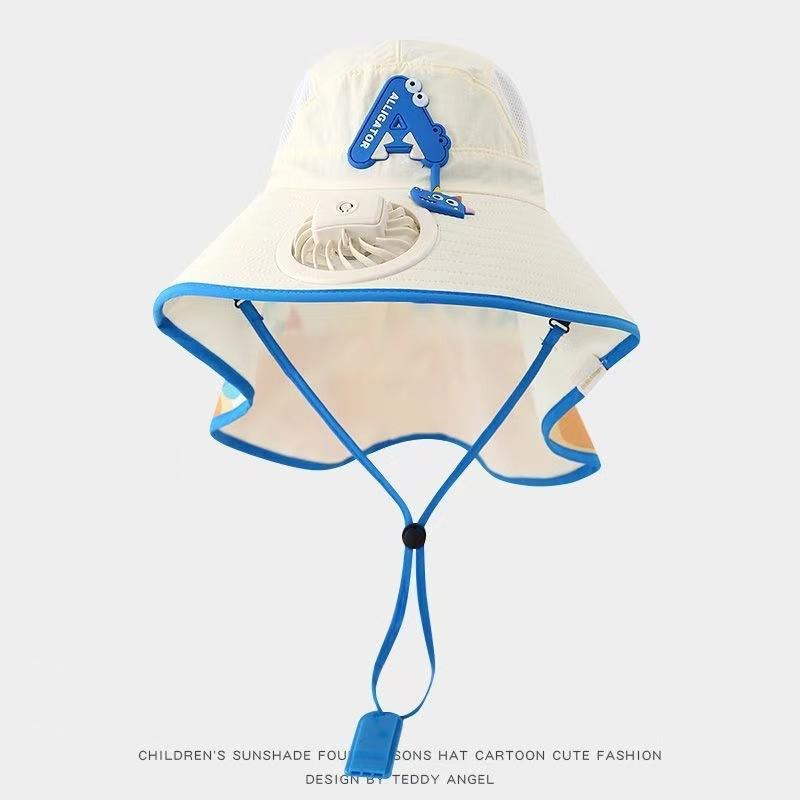 Kids Wide Brim Sun Hat Solar Rechargeable Fan Neck Flap Uv Protection For Summer Beach Activities
