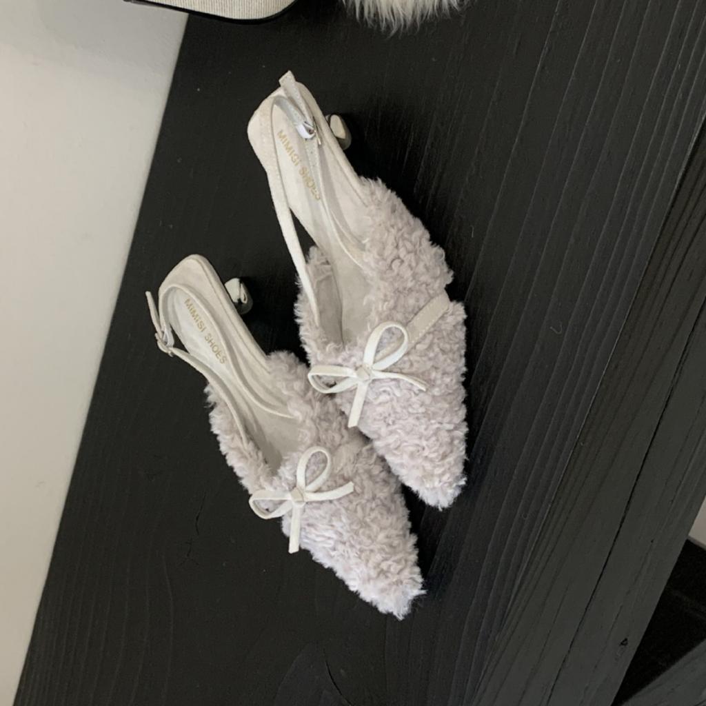 2025 French-style Fluffy High-heeled Slippers Women's Autumn and Winter Wear with Skirts, Gentle Fairy Shoes, Velvet Cotton Bag Head Half