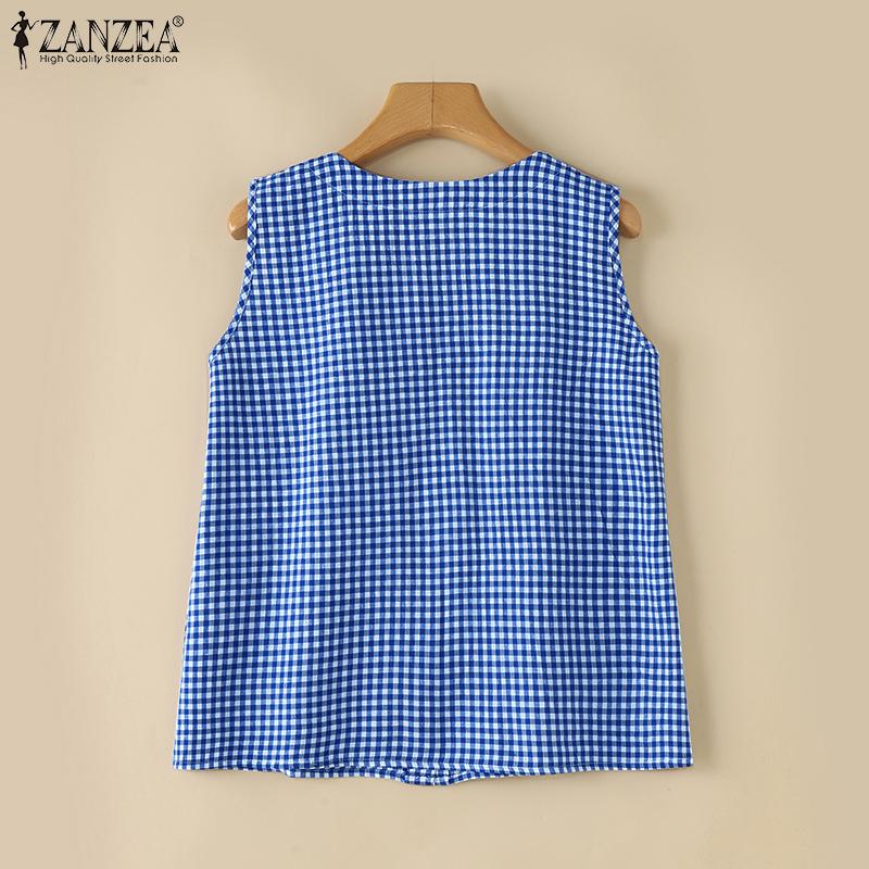 ZANZEA Женские летние рубашки без рукавов с круглым вырезом в контрастную клетку